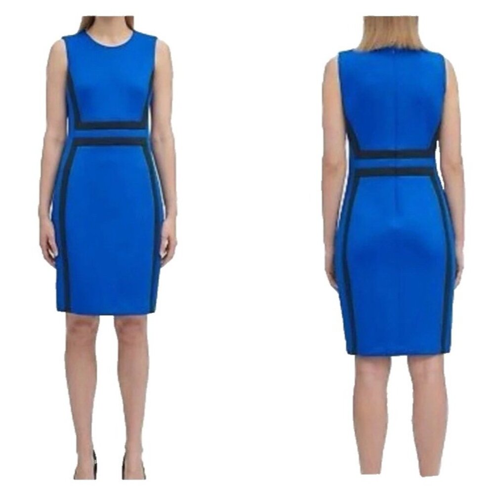 Calvin Klein Dress 8 Blue Black Panel Stretch Scuba Sleeveless Career Party NEW